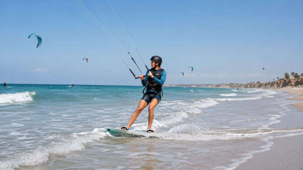 גולש קייט מתחיל מתרגל גלישה עצמאית בתנאים רגועים ליד החוף